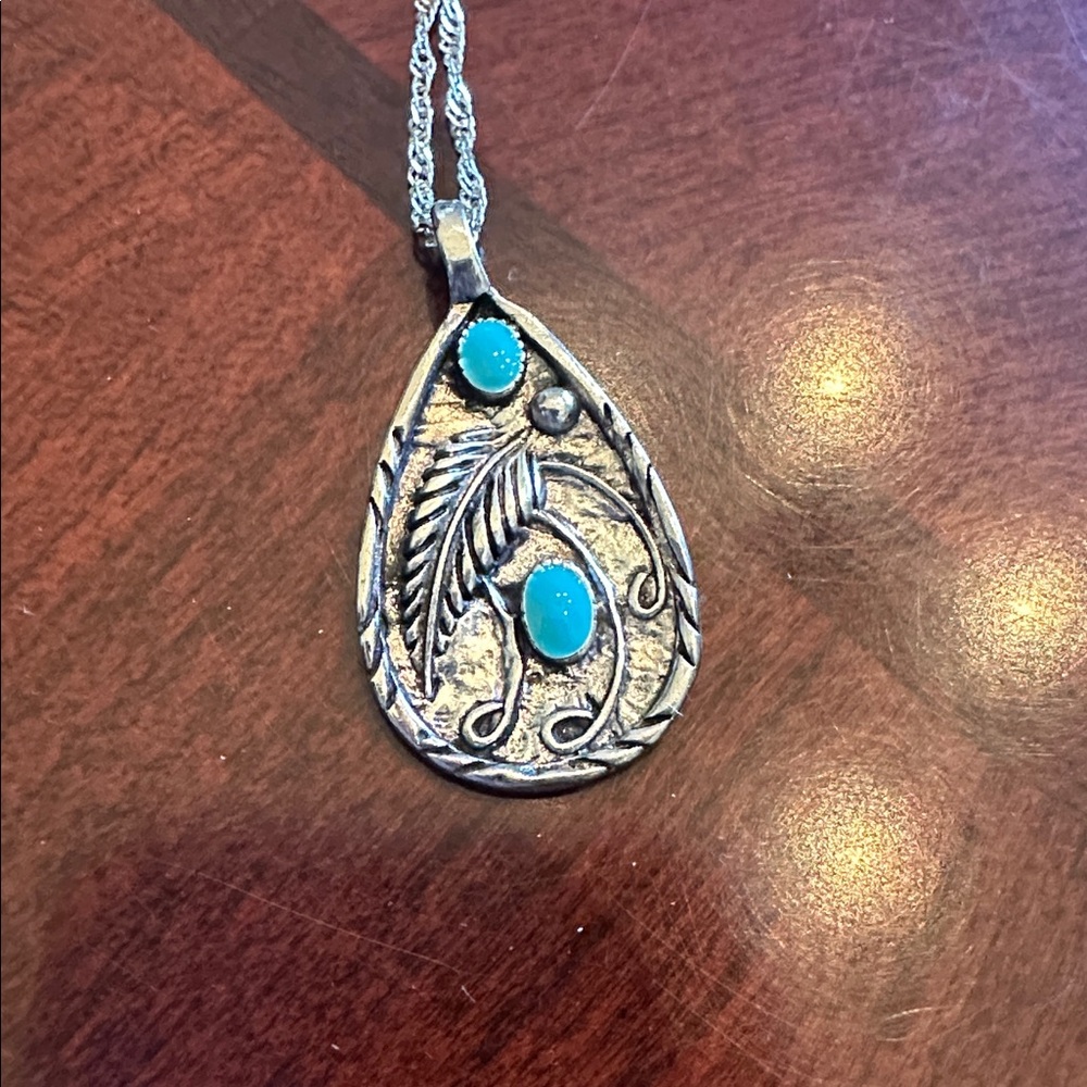 Silver and Turquoise Feather Teardrop Pendant Necklace